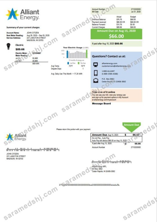 USA Wisconsin Alliant Energy electricity utility bill template in Word and PDF format
